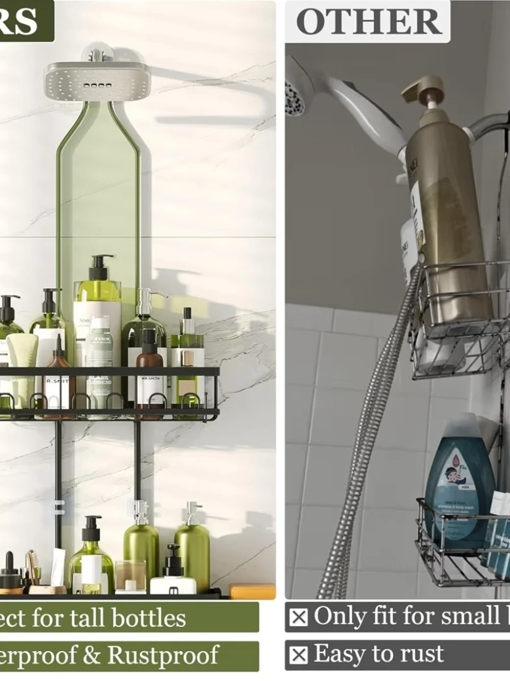 Adjustable Black Shower Caddy Organizer with Hooks and Shelves